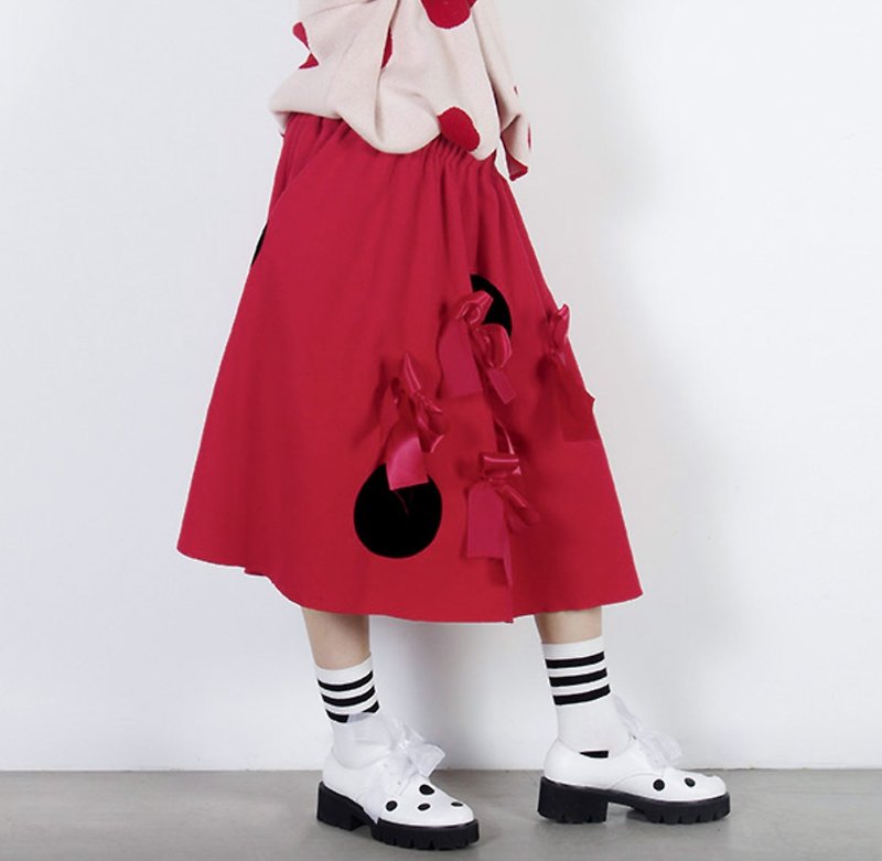 Red bow skirt - imakokoni - Skirts - Cotton & Hemp Red
