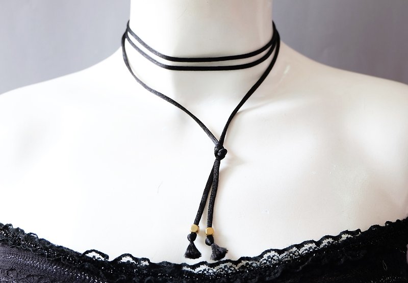 Tie knot layered black choker - 項鍊 - 其他材質 黑色