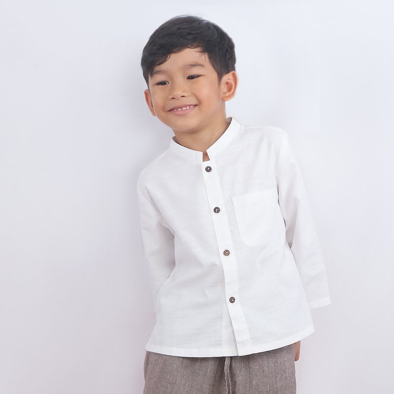 棉．麻 男/女童裝 白色 - Kids Cotton Top, Mandarin Collar Shirt, Long Sleeve, White, Jackie