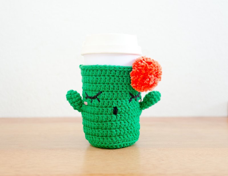 Crochet Cozy Cup - The Green Cactus / Coffee Sleeve, Starbuck. - ถุงใส่กระติกนำ้ - อะคริลิค สีเขียว
