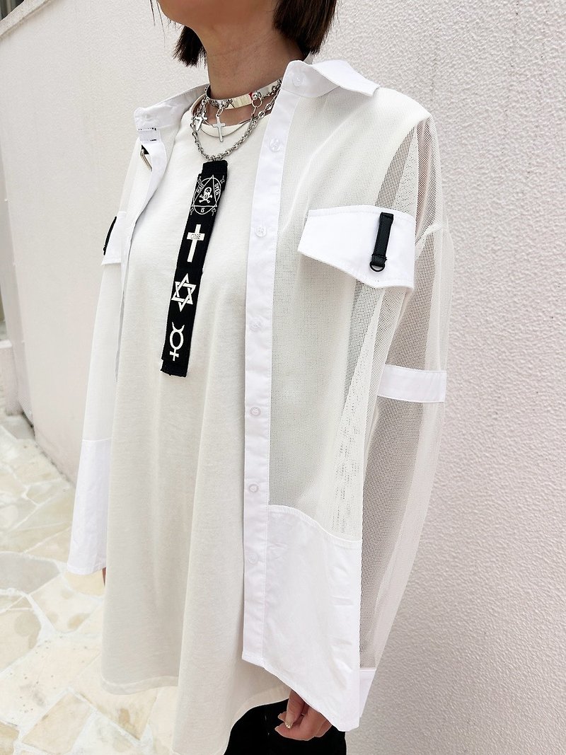 Mesh switching shirt/white/black/size F/hellcatpunks/hcp-sh-0043 - เสื้อเชิ้ตผู้หญิง - เส้นใยสังเคราะห์ ขาว