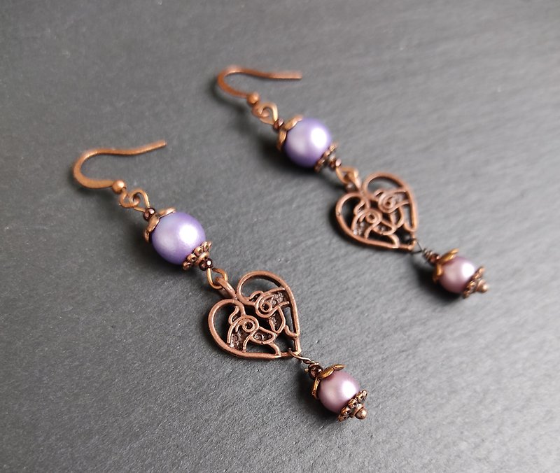 Art Nouveau earrings with birds in boho chic style - Earrings & Clip-ons - Glass Purple