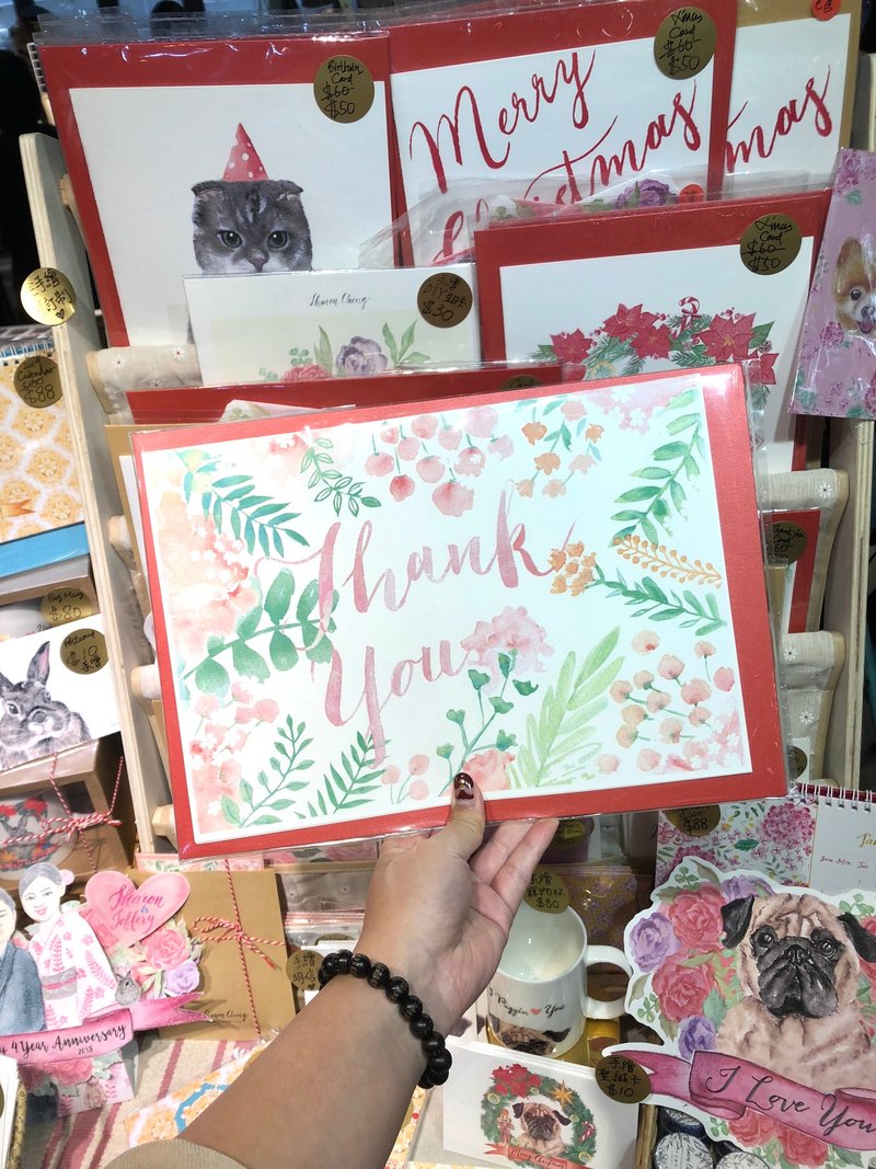 手描き水彩花ありがとうA4手書きの封筒カード付き書道ありがとう - はがき・メッセージカード - 紙 ピンク