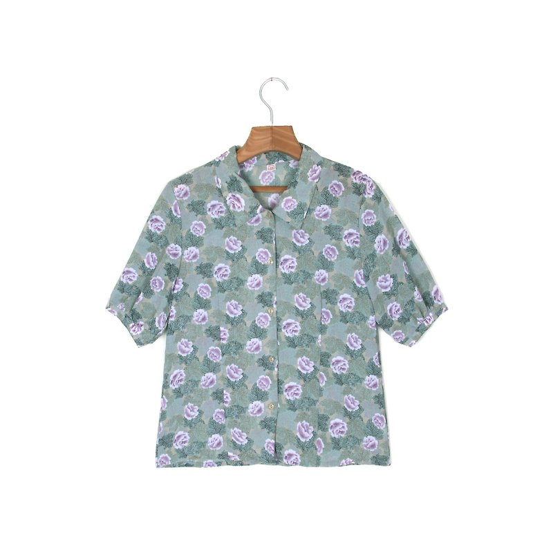 【蛋植物古着】青森睡蓮印花短袖襯衫 - 女襯衫 - 聚酯纖維 綠色