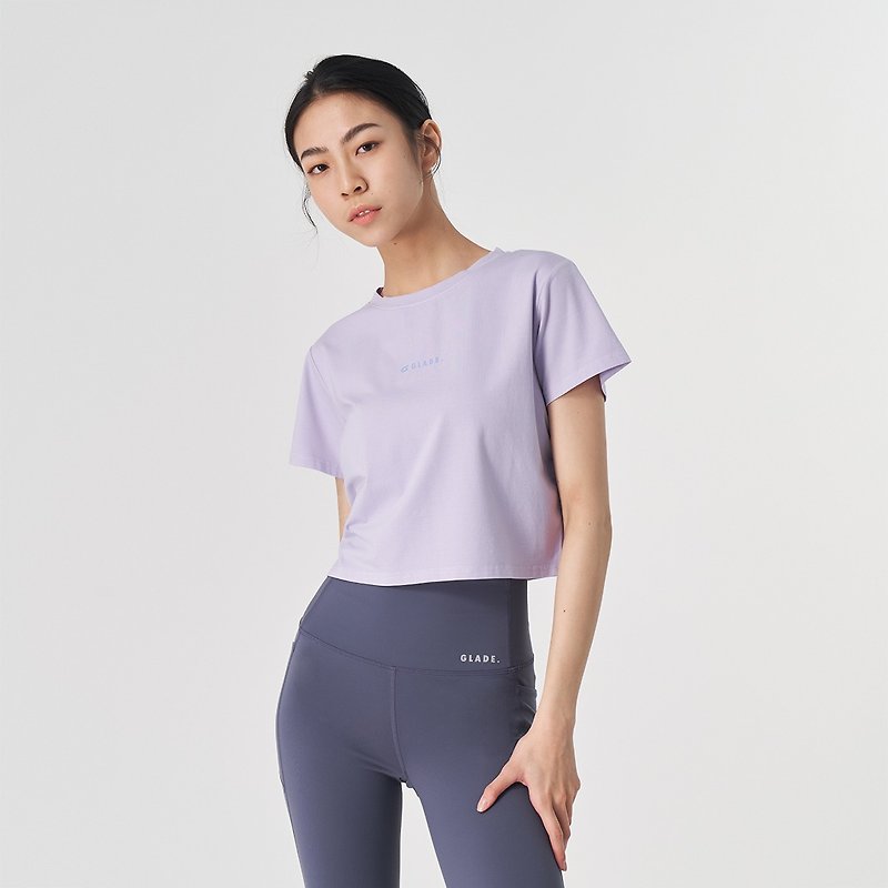 【GLADE.】Blooming skin-friendly short-sleeved women's short-sleeved fitness top (light purple) - Women's Sportswear Tops - Cotton & Hemp Black