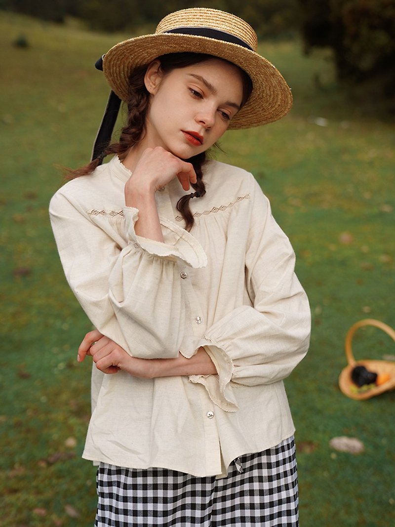 MintCheese阿爾卑斯山的少女質樸原麻色高端蕾絲立領襯衫 - 女襯衫 - 棉．麻 白色