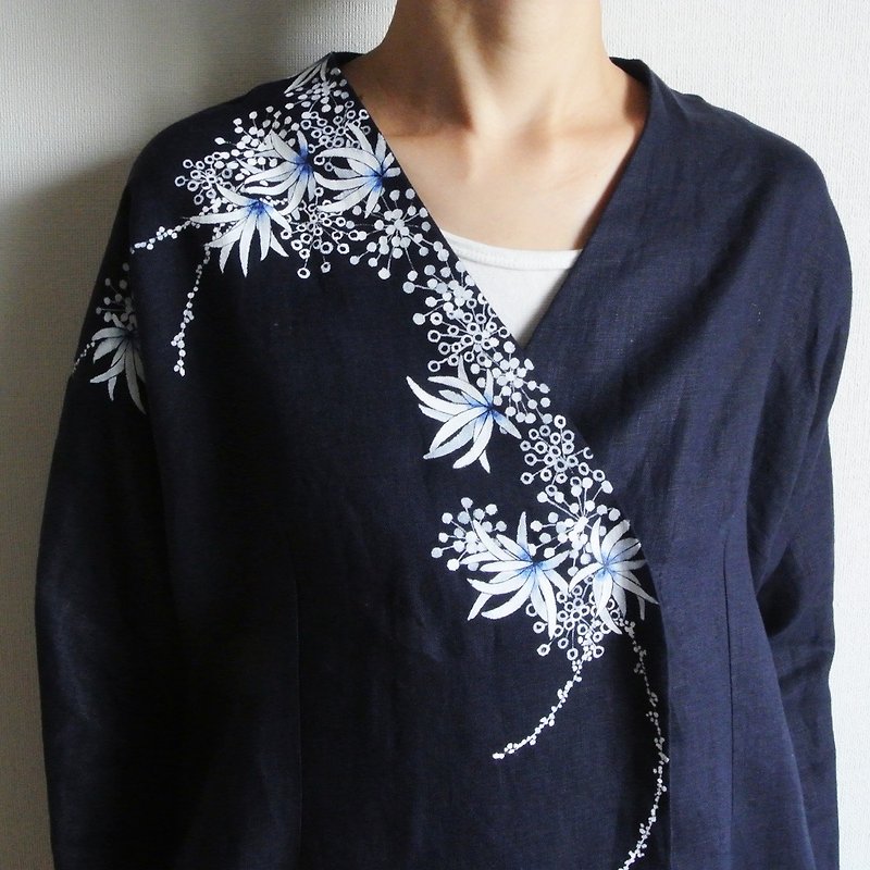 リネン羽織り・紺・海中植物 - 外套/大衣 - 棉．麻 藍色
