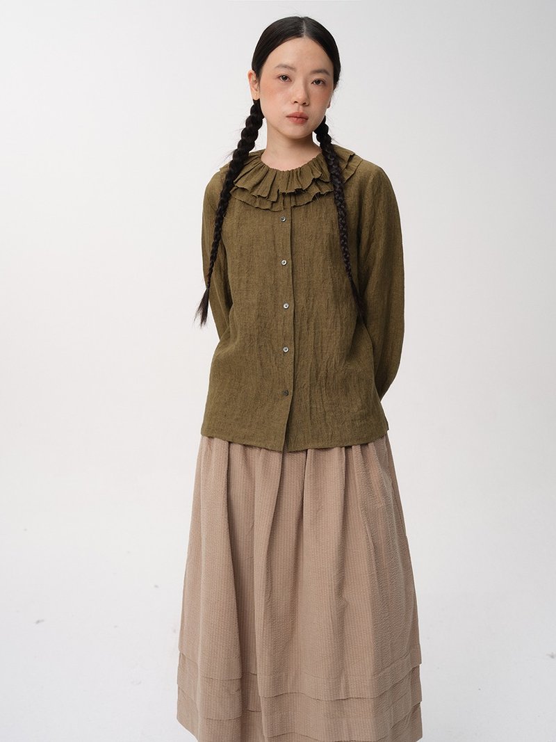 Curry Green Washed Linen Double Collar All-match Long Sleeve Shirt - เสื้อผู้หญิง - ผ้าฝ้าย/ผ้าลินิน ขาว