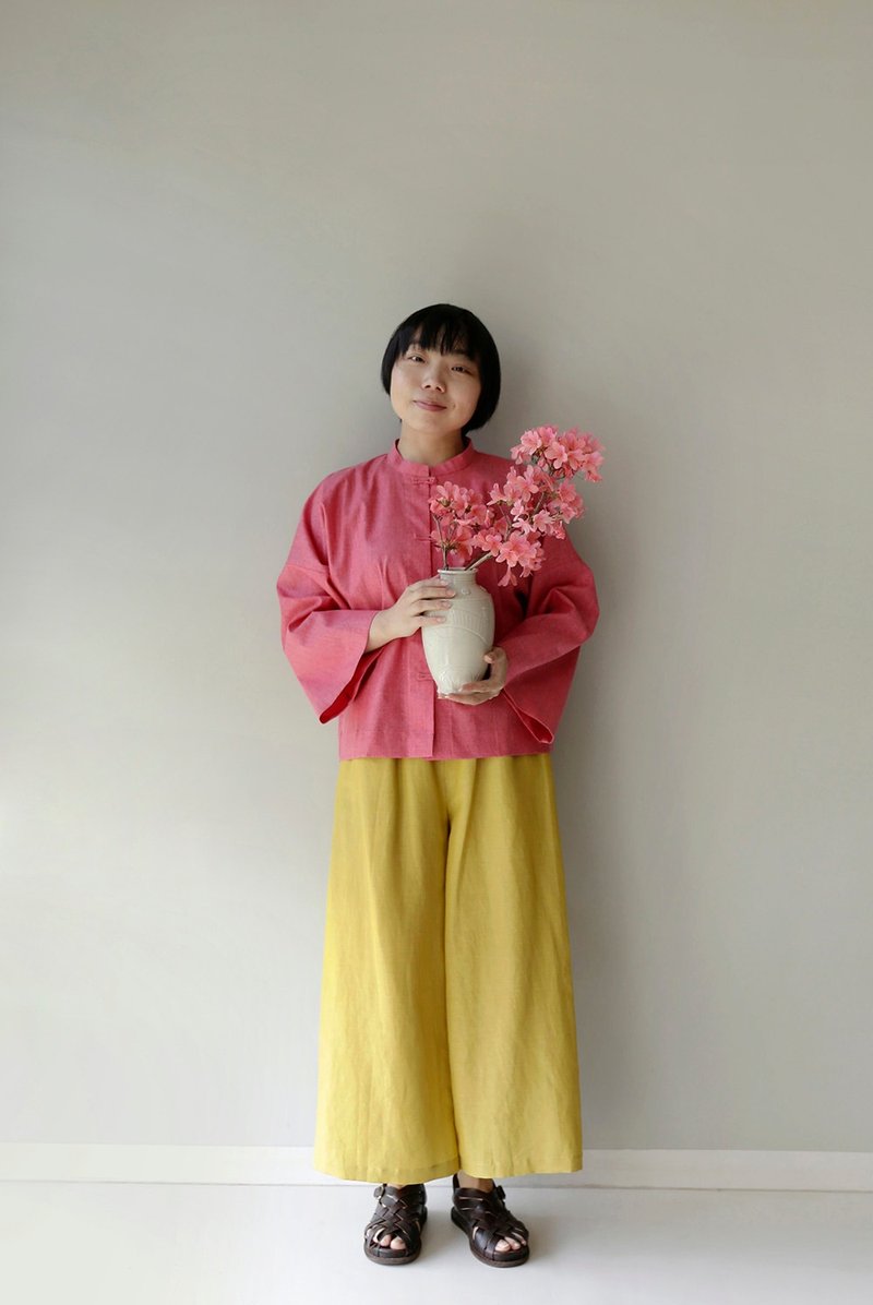 高級Chill  閃閃樹莓色亞麻 新中式對襟上衣 - 女上衣/長袖上衣 - 棉．麻 