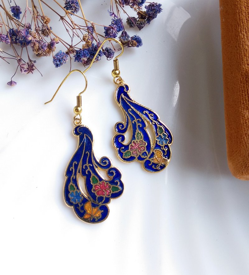 Vintage Jewelry 西洋古董飾品 飄逸羽 景泰藍 耳勾 針式耳環 - 耳環/耳夾/耳骨夾 - 其他材質 金色