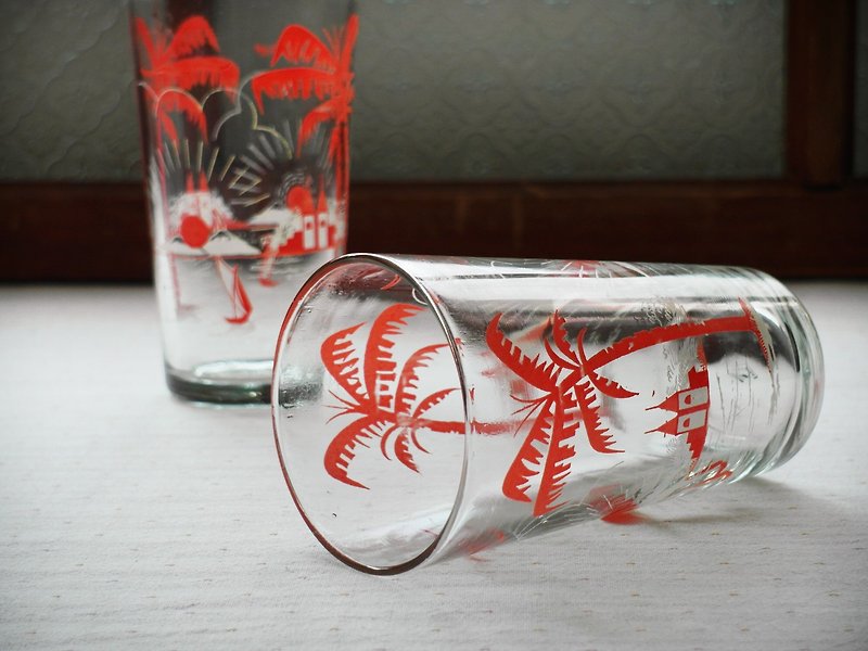 Early printed juice cup - sunset (cutlery / used goods / old things / glass / cup / figure flower) - ถ้วย - แก้ว สีแดง