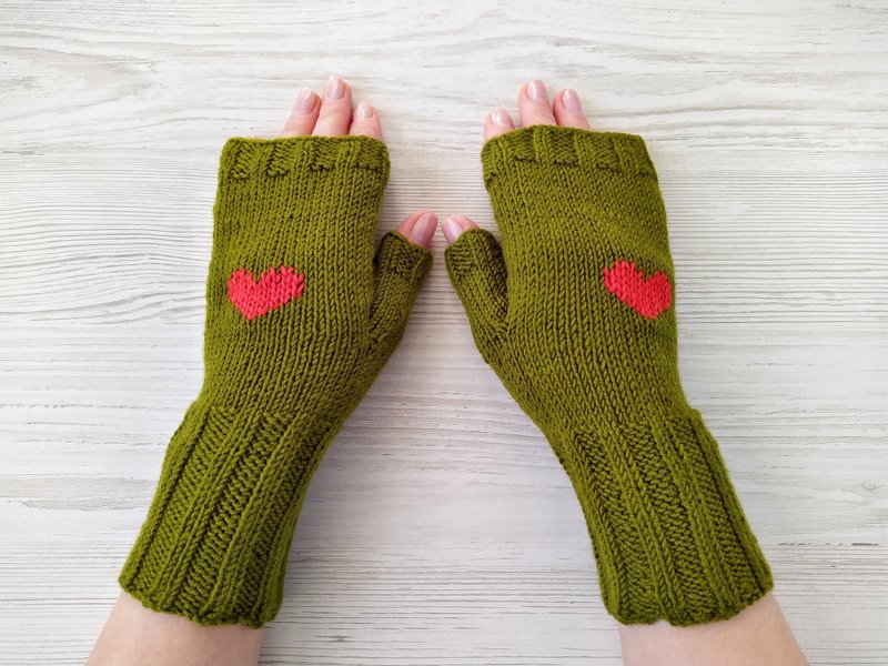 Computer gloves for cold hands, Fingerless gloves knit hand warmers - 手套 - 羊毛 綠色