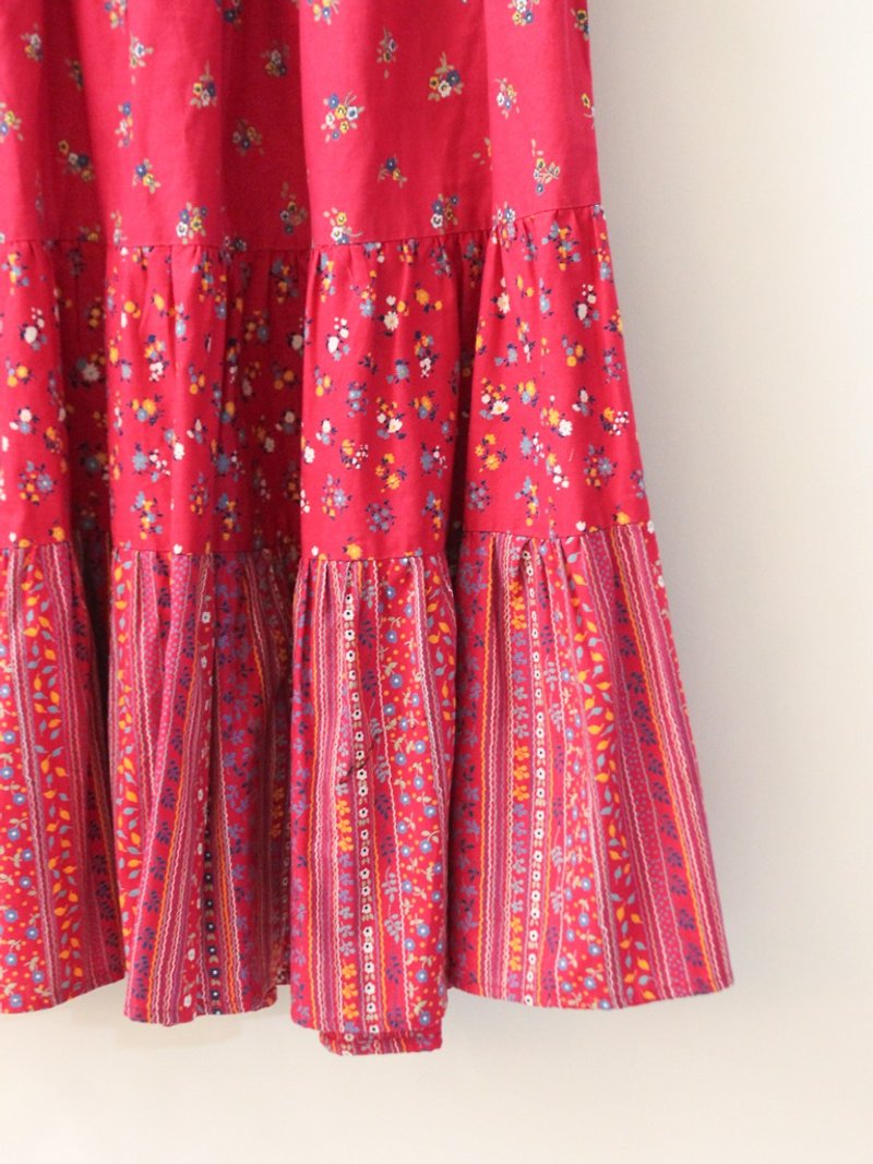 Vintage European country folk style cute floral pink pink cotton vintage dress - Skirts - Cotton & Hemp Pink