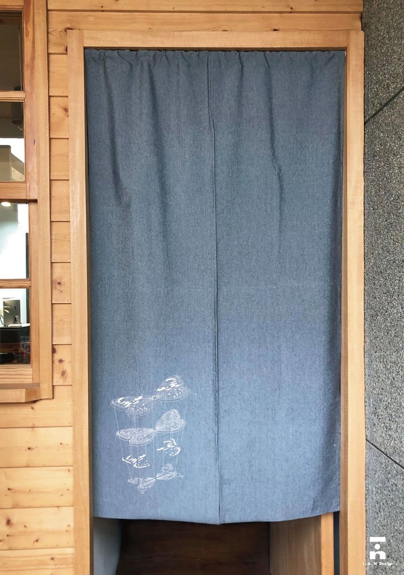 Butterfly-Organic Cotton Silk Printed Gray Japanese Style Chinese Door Curtain Organic Cotton - Doorway Curtains & Door Signs - Cotton & Hemp Gray