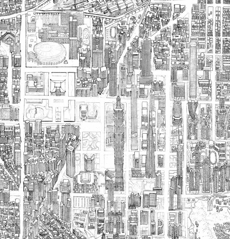 Taipei City Bird's Eye Map Drawing Print 80 x 34 cm - ตกแต่งผนัง - กระดาษ ขาว