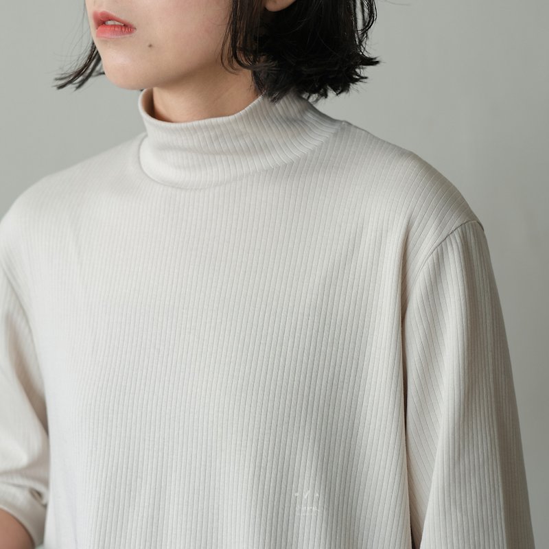Flanged High Neck Ribbed Three Quarter Sleeve Top - 2 Colors - Beige - Women's T-Shirts - Cotton & Hemp White