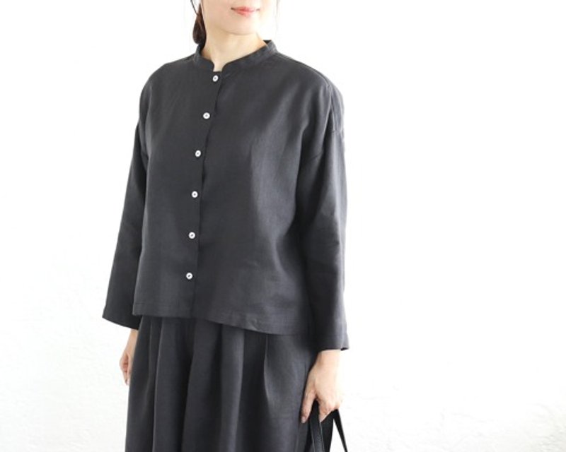 Pinkoi Proxy Purchase - Linen band collar short length blouse (charcoal) TP03 - Women's Tops - Cotton & Hemp 