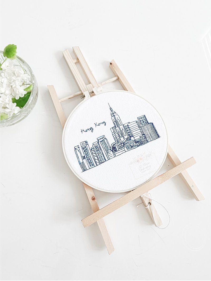(DIY KIT) Hong Kong Skyline Embroidery Hoop Art as Immigration Gift - Knitting, Embroidery, Felted Wool & Sewing - Thread White
