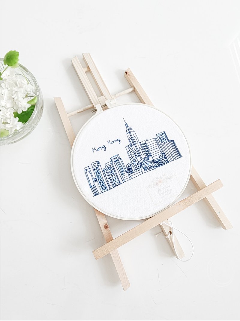 (DIY KIT) Hong Kong Skyline Embroidery Hoop Art as Immigration Gift - Knitting, Embroidery, Felted Wool & Sewing - Thread White