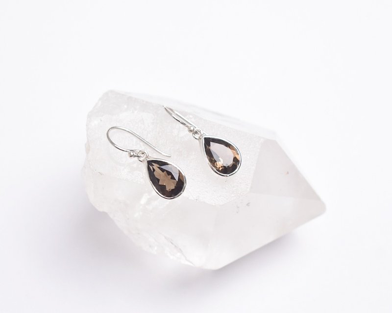 Smoky Quartz Silver Earrings – 925 Sterling Silver Natural Gemstone - 耳環/耳夾/耳骨夾 - 寶石 咖啡色