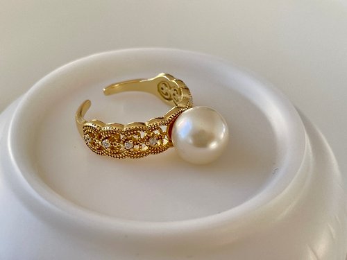 Athena珍珠設計 天然海水珍珠 akoya 羽黃金 S925銀 復古鏤空戒指
