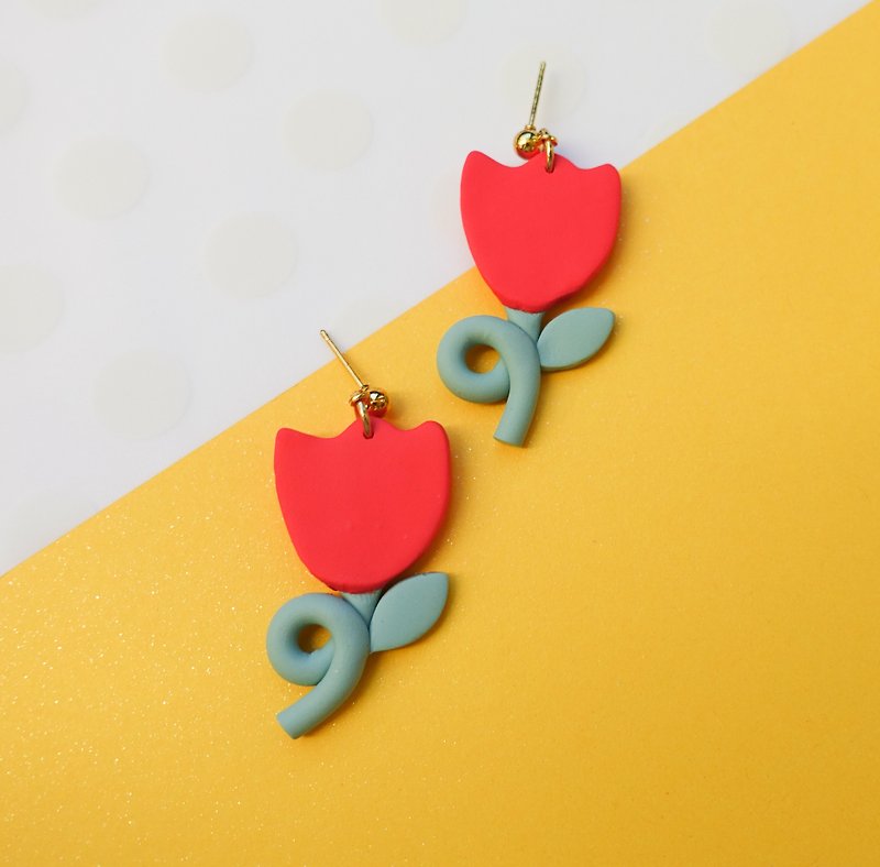 Stubborn Series-Tulip handmade soft clay earrings (can be changed to clip) earring/ tulip - Earrings & Clip-ons - Pottery Multicolor
