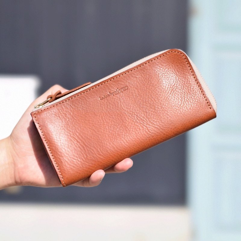 zipper wallet long wallet leather wallet leather italian leather leather - กระเป๋าสตางค์ - หนังแท้ สีนำ้ตาล