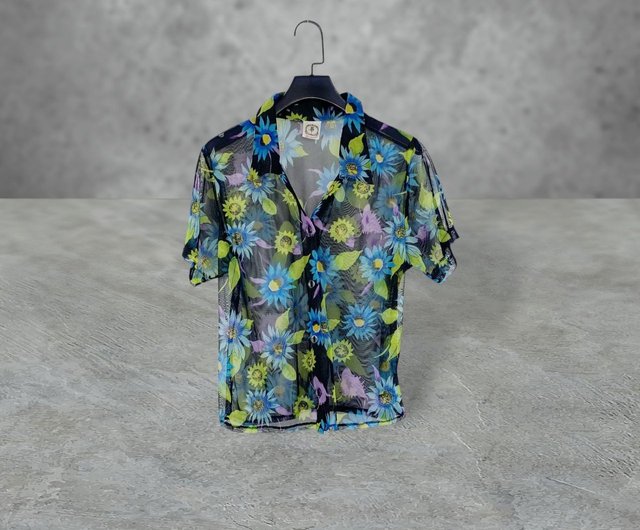 Used Black Color Printed Mesh Elastic Short Sleeve Shirt OPD430