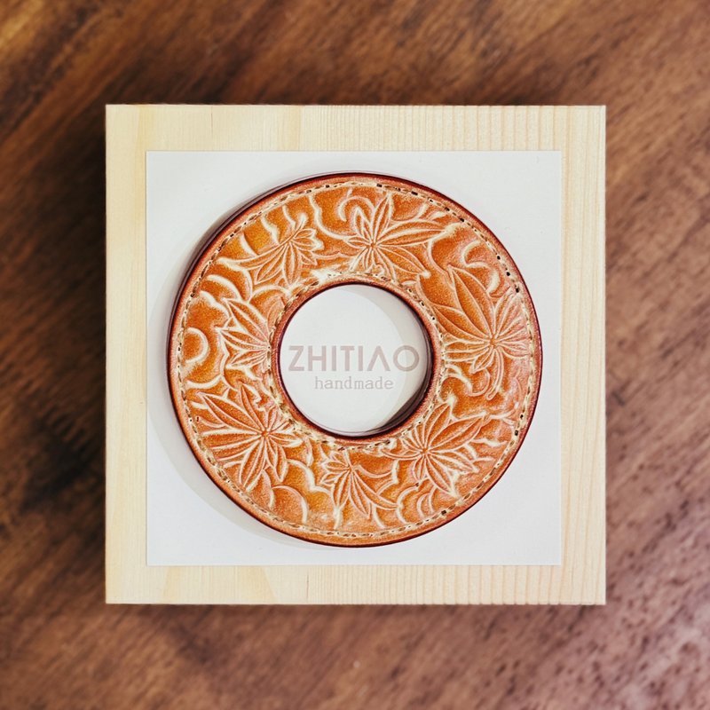 原創手工製作牛皮劍道刀鐔 楓林云海 霧蠟黃棕 劍鍔 Tsuba - 運動配件 - 真皮 橘色