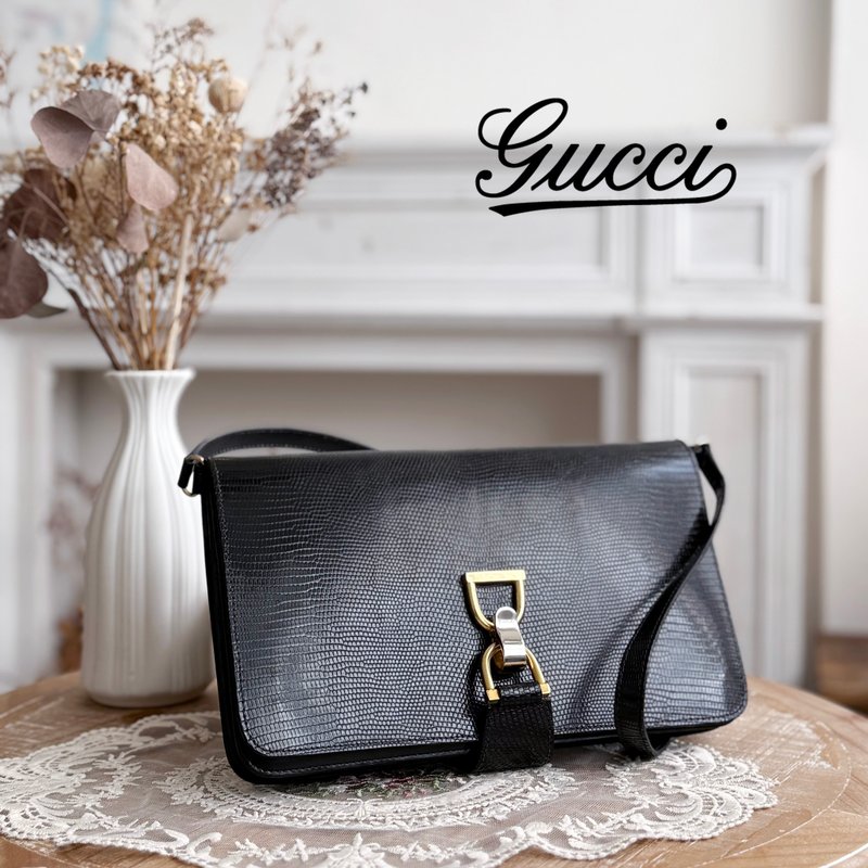 稀有極新美品 GUCCI Vintage 古馳60S古董珍品蜥蜴皮馬蹄釦信封包 - 側背包/斜背包 - 真皮 黑色