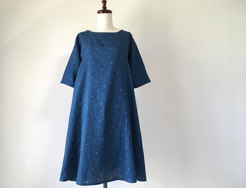 ちょうちょ　リボンのフレアワンピース　ダブルガーゼ - 洋裝/連身裙 - 棉．麻 藍色