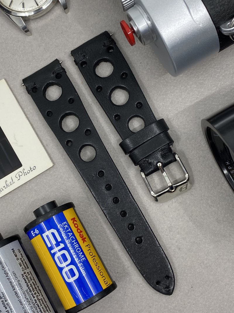 純黑皮革賽車型錶帶20mm 錶帶訂製 rolex omega panerai 手工錶帶 - 錶帶 - 真皮 黑色