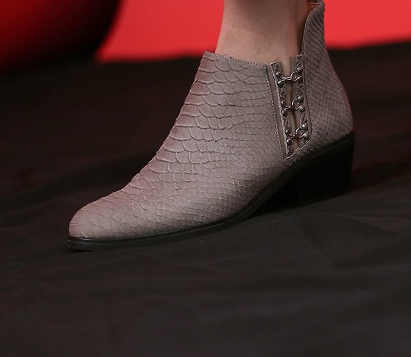 Hook-and-lace trim low heel leather ankle boots like gray - Women's Boots - Genuine Leather Gray