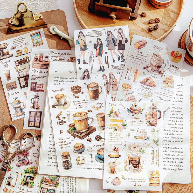 [Time for a cup of coffee] Retro girl PET notebook transfer sticker Korean notebook DIY material - สติกเกอร์ - กระดาษ 