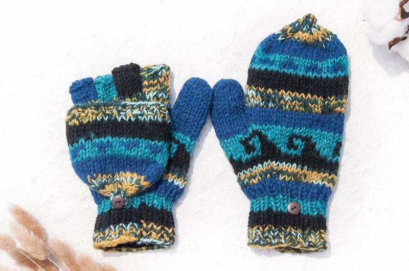 Hand-woven pure wool knitted gloves/removable gloves/inner bristle gloves/warm gloves-Vangou Starry Night - Gloves & Mittens - Wool Blue