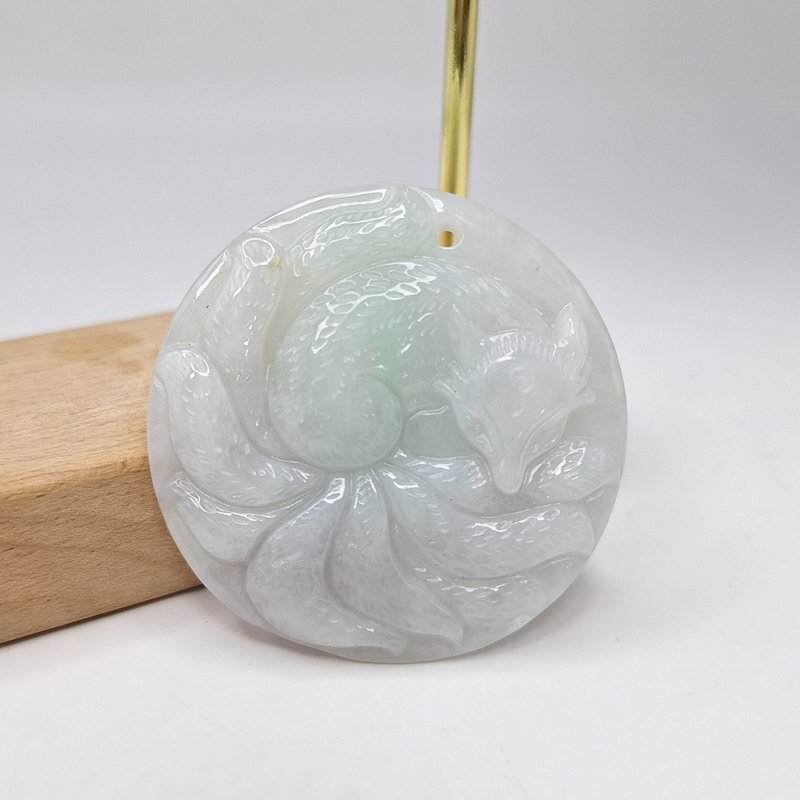 Warm Lavender with Green Accents Hand-Carved Nine-Tailed Fox Pendant | Natural Grade A Burmese Jade - Necklaces - Jade 