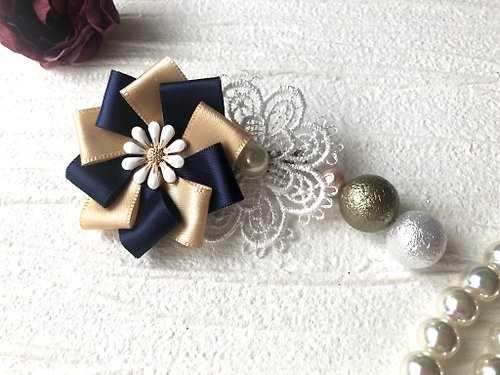 flor-accessory Pinkoi 先行販売 ロゼット バレッタ ブルー イエロー コットン パール