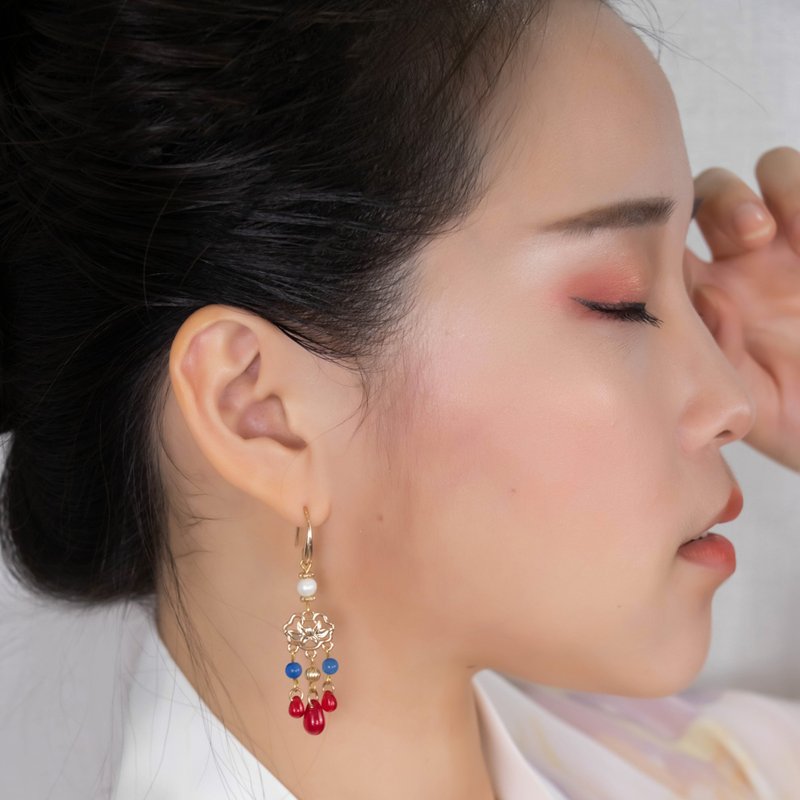 【墨徽閣】雨蓮耳環(沉穩版) - 耳環/耳夾/耳骨夾 - 銅/黃銅 紅色