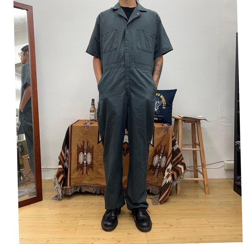 RED KAP iron gray overalls work pants second-hand vintage short-sleeved American made - กางเกงขายาว - ผ้าฝ้าย/ผ้าลินิน สีเทา