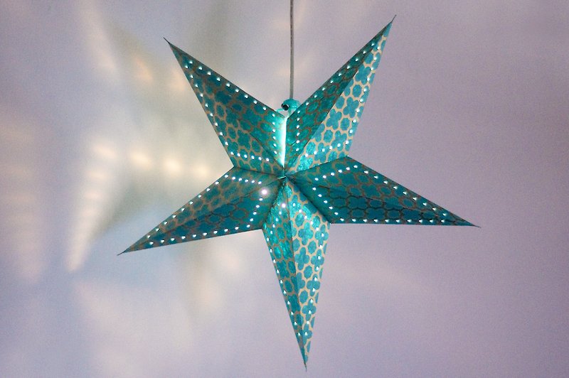 A limited edition handmade paper star lights / Astral Light / Star Light / origami lamp / nightlights - Turkish Blue + gold stars under the stars feeling the moonlight - Lighting - Paper Blue