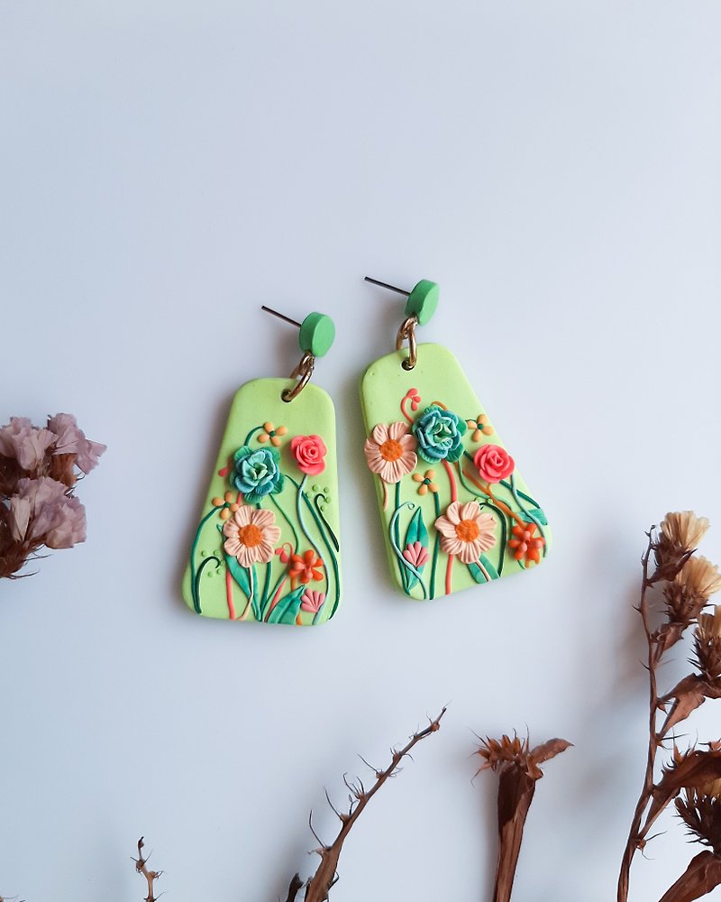 Spring floral earrings Neon with colorful flowers handmade dangle earrings - Earrings & Clip-ons - Pottery Green