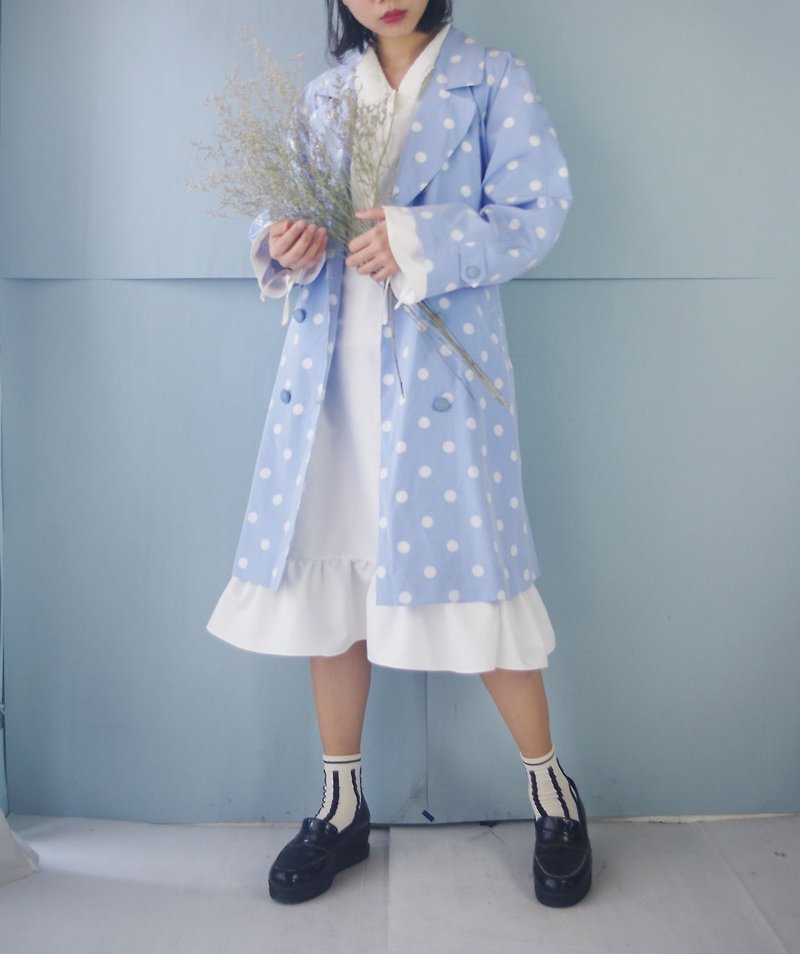Treasure hunt vintage blue sky white dot waterproof trench coat - Women's Blazers & Trench Coats - Polyester Blue