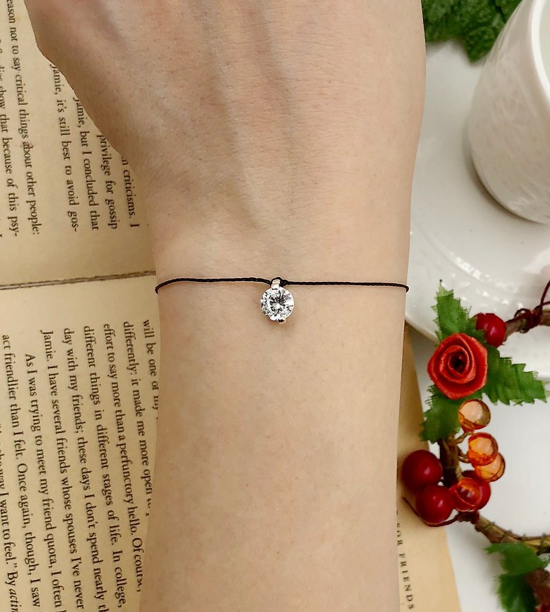 Happiness Line Sterling Silver Loose Diamond 7mm Shiny Firelight Hand-Practicing Stone Red String Black Line - Bracelets - Polyester Black