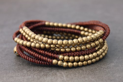 xtravirgin 紅棕色黃銅編織串珠纏繞手鍊 3次包裹線袖口