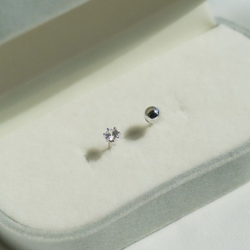 Six prong single diamond sterling silver earrings 925 sterling silver bead earrings - ต่างหู - เงินแท้ สีเงิน