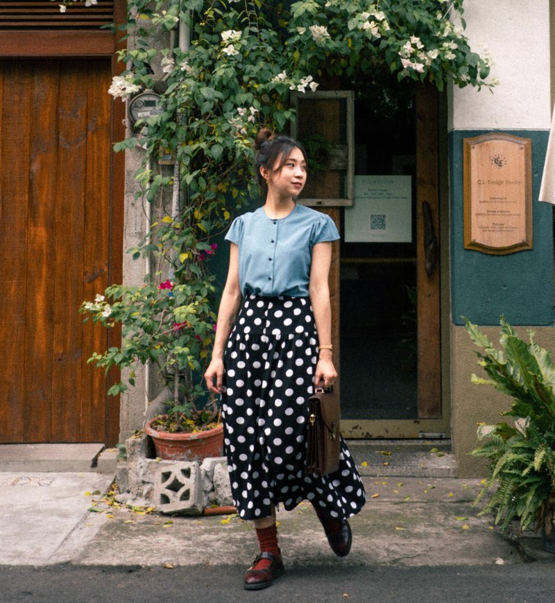 Polka dot long skirt // black - Skirts - Polyester Black