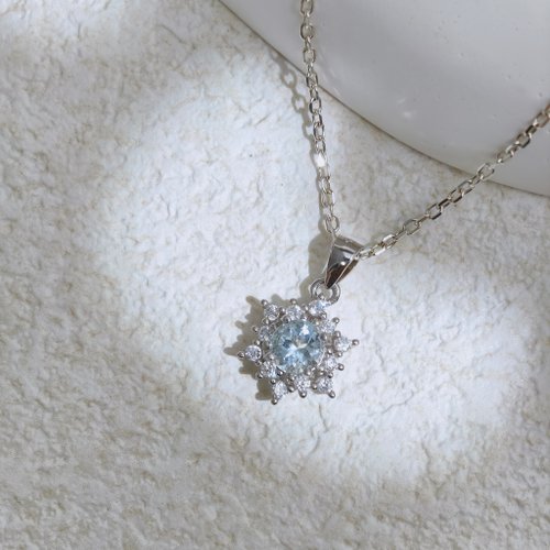 Purnima Magic Salon 天然海藍寶 海水藍寶項鍊 雪花風格 925純銀 【聖誕飾品】