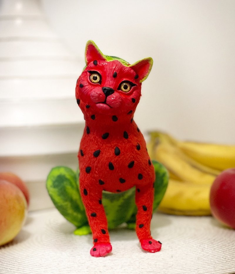 Watermelon Cat doll, watermelon decoration, cat puppet, cute kitten figurine - Stuffed Dolls & Figurines - Clay Red