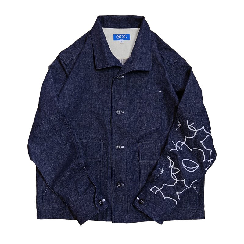 GOC Studio embroidered elbow denim jacket - เสื้อโค้ทผู้ชาย - ผ้าฝ้าย/ผ้าลินิน สีน้ำเงิน