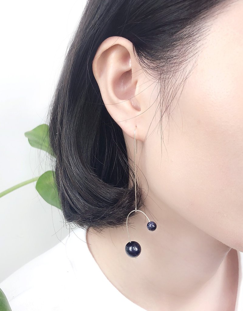 Simple geometric dark blue Stone Silver asymmetric exchange gifts hypoallergenic earrings Clip-On - Earrings & Clip-ons - Semi-Precious Stones Black
